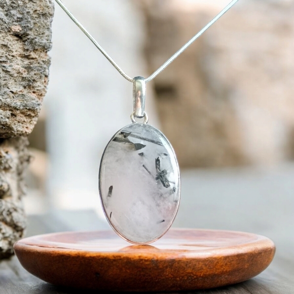 Jewelry - Tourmalinated Clear Quartz w/ Black Tourmaline Inclusions 925 SS Oval Necklace